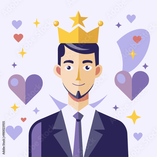 Narcissist people, extreme self involvement too much confident disorder, so proud attitude egocentric person, narcissism businessman admire himself and proud of his crown with love and stars around