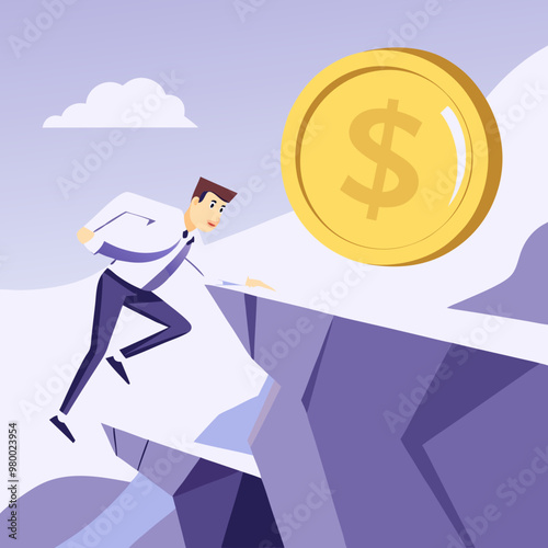 Debt, loan payment or mortgage problem, financial failure or investment risk, bankruptcy, spending or money mistake concept, frustrated businessman try so hard to push huge money coin from the cliff.