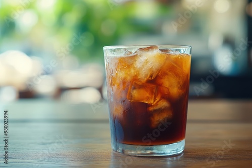 A clear cup of iced americano sits on a wooden table highlighting casual refreshment in a blurred background