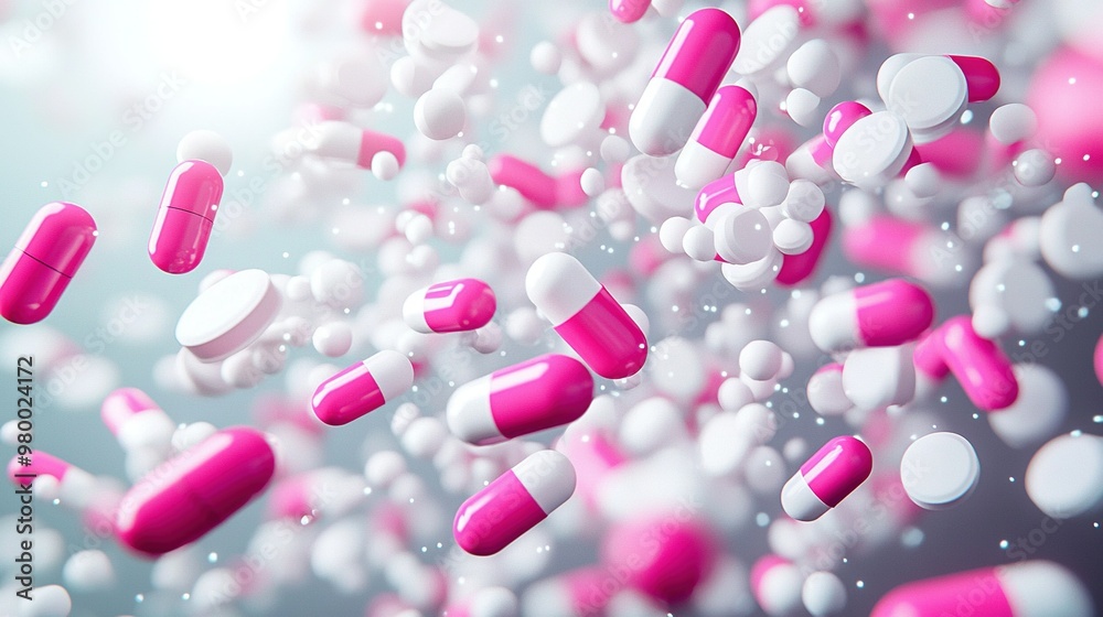 A pink and white pill array floats in a gray-pink backdrop with white-pink bubble clusters A pink and white pill array floats in a gray-pink backdrop with white-pink bubble clusters