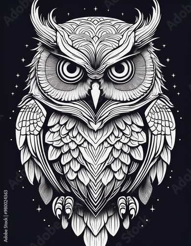 owl head portrait illustrated with black lines on black background