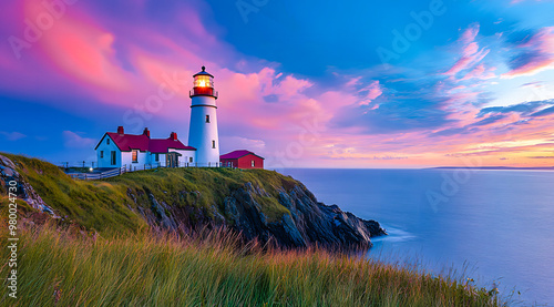 Paysage avec phare sur la côte au bord de l'océan photo