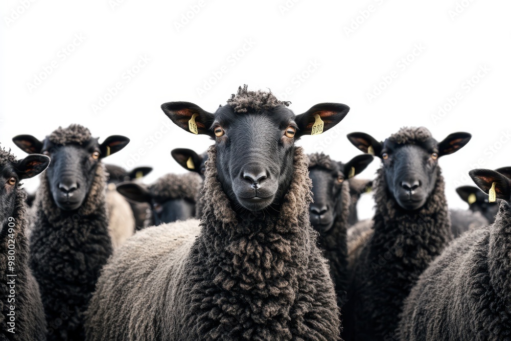 Fototapeta premium A flock of sheep with one black sheep set against a white backdrop