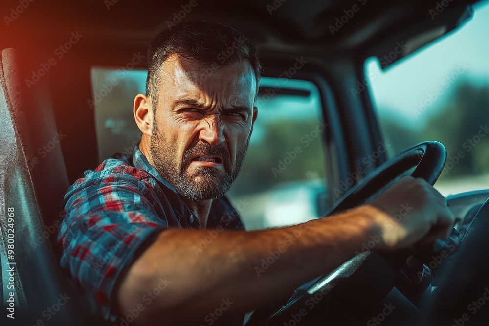 A frustrated truck driver is irritated by traffic disruptors