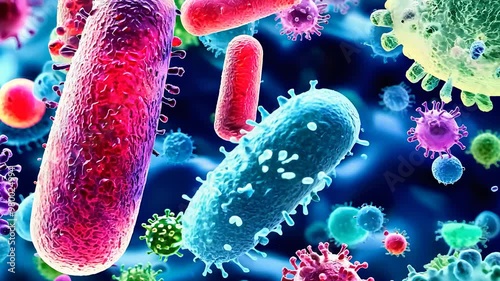 Microscopic view of bacteria and viruses colorful microorganisms in biological research infection science healthcare study photo