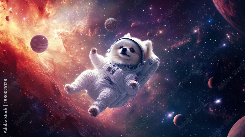 A small white Pomeranian in a space suit gracefully floats among a stunning cosmic backdrop filled with stars, planets, and colorful nebulas A small white Pomeranian in a space suit gracefully floats among a stunning cosmic backdrop filled with stars, planets, and colorful nebulas