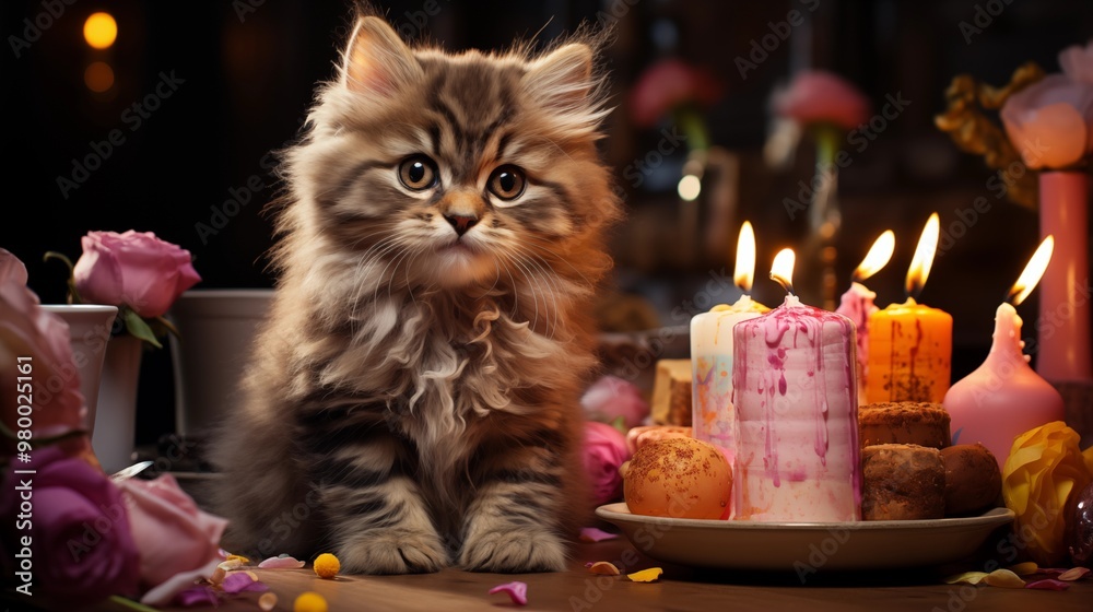 Cute cat kitten celebrating his birthday party and cake. Cute cat kitten celebrating his birthday party and cake.