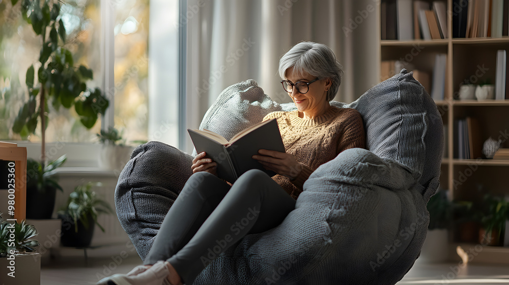 Obraz premium Senior person reading a book in a cozy chair.