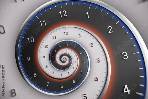 Abstract modern white and black spiral clock dial with arabic numerals. Concept of Infinite time, deadline, scheduling, time and space, past, present and future.