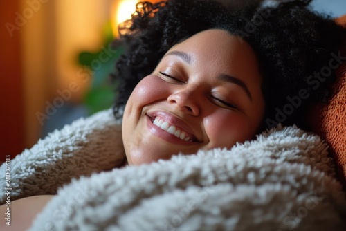 A joyful plus sized woman embraces herself on a day of self care