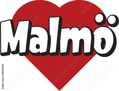 Malmö city text design with red heart typographic icon design suitable for touristic promotion