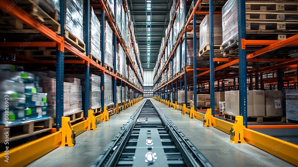 Automated shelving systems in a warehouse, organizing raw materials and finished products based on inventory management software. Automated shelving systems in a warehouse, organizing raw materials and finished products based on inventory management software.