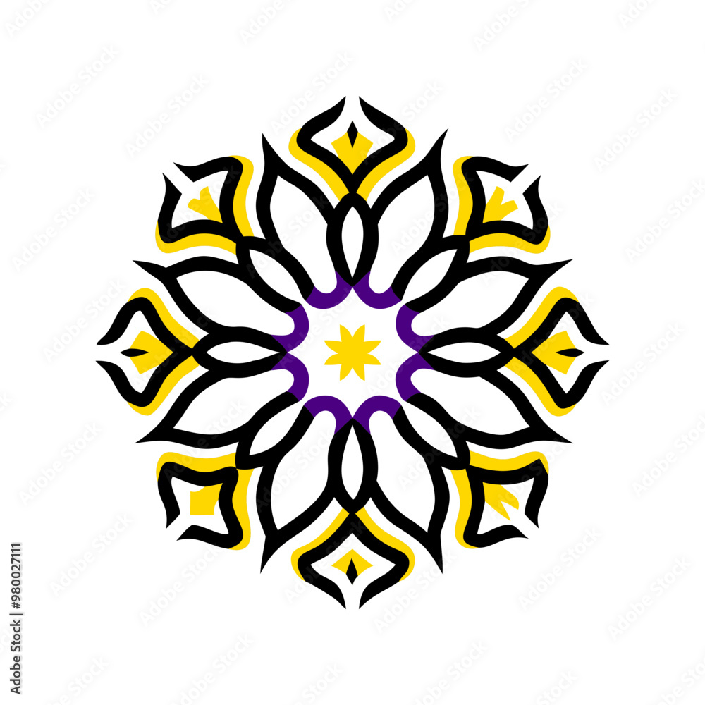 Mandala icon in flat style, yellow and purple, meditation and spirituality symbol Mandala icon in flat style, yellow and purple, meditation and spirituality symbol