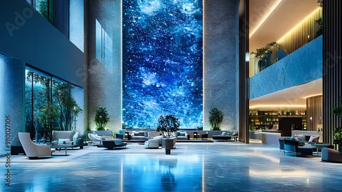 Luxurious modern hotel lobby with stunning digital wall art futuristic interior design elegant architecture ambient lighting