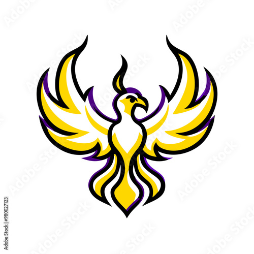 Phoenix icon in flat style, yellow and purple, rebirth and transformation symbol