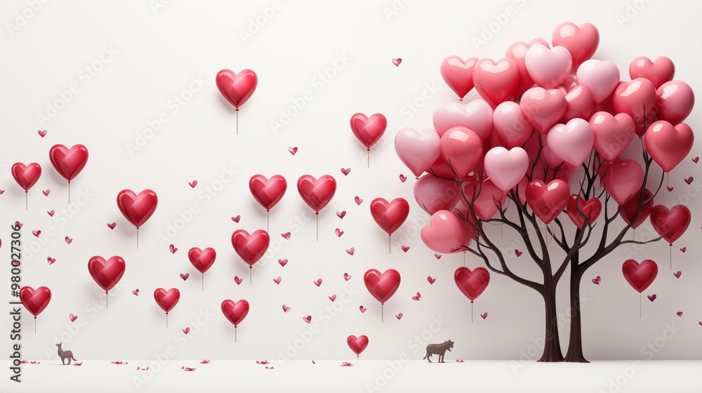 Obraz premium Happy Valentine Day poster or banner design decorated with glossy hearts on white background.
