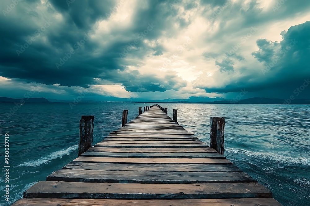 Fototapeta premium Wooden Pier Extending into Turquoise Ocean Under Dramatic Stormy Sky