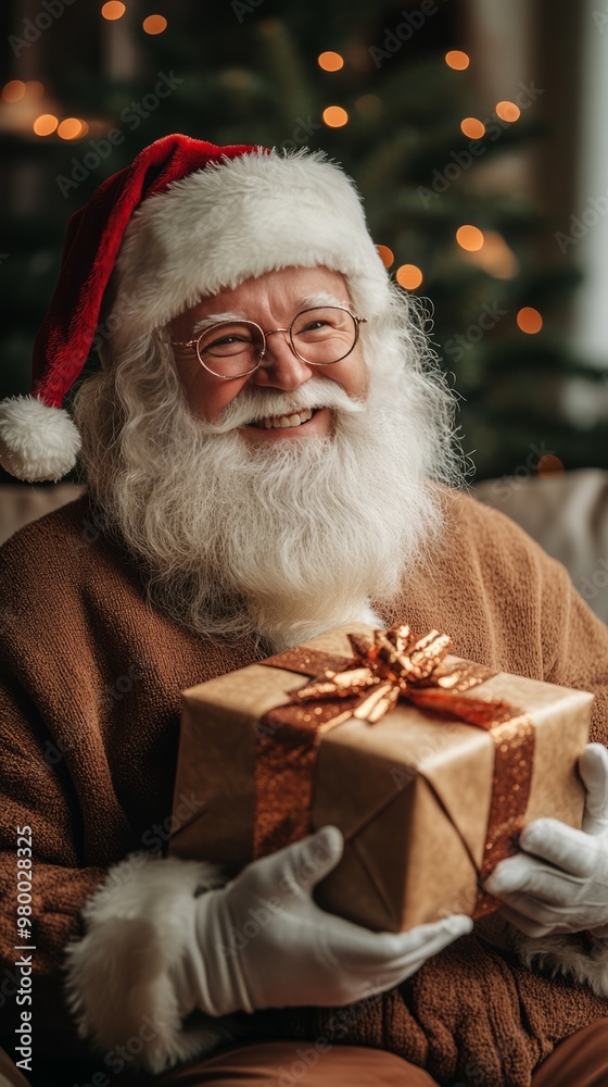 Santa Claus sharing gifts, colorful wrapping, happy expressions Santa Claus sharing gifts, colorful wrapping, happy expressions