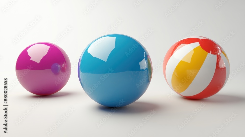 Vibrant, multi-colored beach balls scattered on a white background, creating a playful and summery atmosphere with bright reflections. Vibrant, multi-colored beach balls scattered on a white background, creating a playful and summery atmosphere with bright reflections.