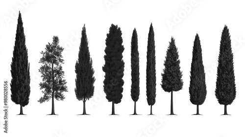 Set of Mediterranian, Italian or Tuscan cypresses illustration. Valley of trees of different sizes. Black sihlouette of coniferous evergreen Pencil pine isolated on white background.