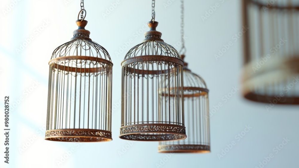 Obraz premium A close-up of empty vintage birdcages with intricate metal designs, hanging from chains, creating a nostalgic and decorative aesthetic.
