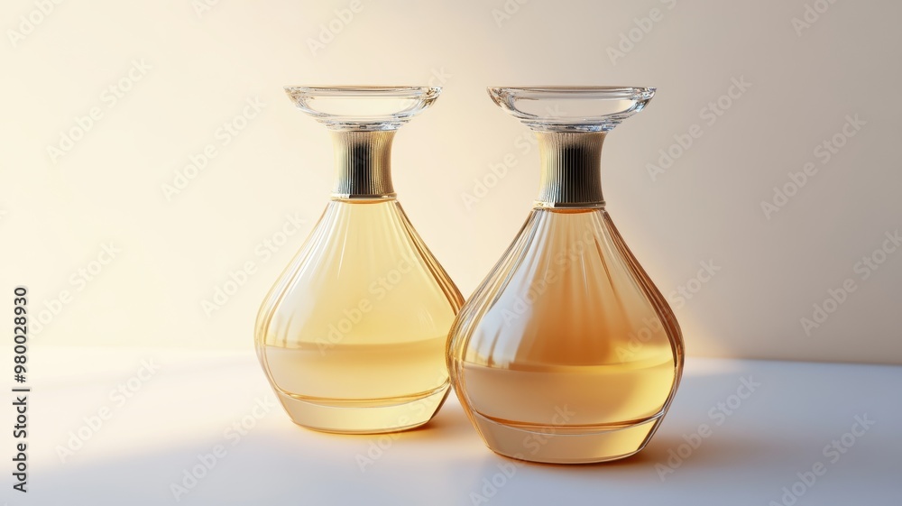 Two elegant glass perfume bottles with an amber hue, displayed in soft lighting for a luxurious and sophisticated presentation.