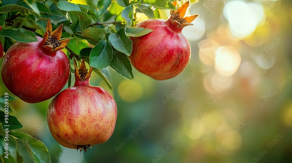 Three pomegranates hang from a tree with green leaves, and sunlight shines through the trees behind Three pomegranates hang from a tree with green leaves, and sunlight shines through the trees behind
