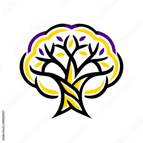 Tree of life icon in flat style, yellow and purple, growth and spirituality symbol