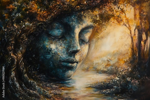 Surreal Painting of a Woman's Face Emerging from a Forest with a Stream