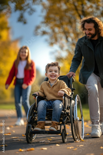 Smiling child with cerebral palsy in the park. World Cerebral Palsy (SP) Day. Disabled boy with parents. The concept of treatment, education and inclusion of sick children into society