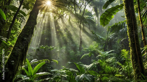 a tropical rainforest canopy with sunlight filtering through the dense foliage. with rich greens, hanging vines, and occasional splashes of color from tropical flowers. Birds or butterflies