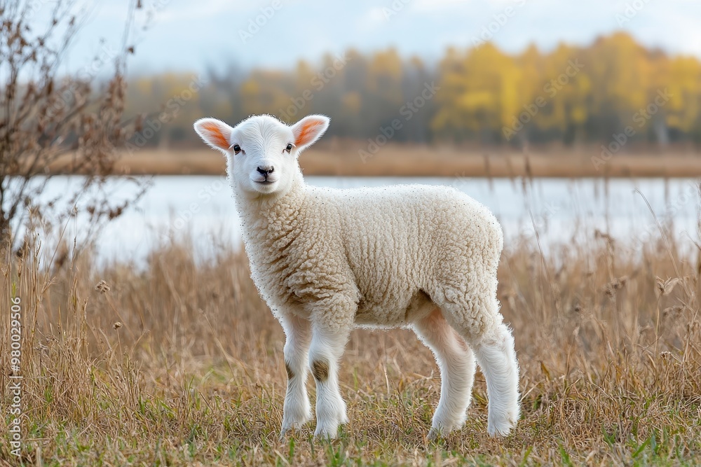 A white lamb gazing in a field A white lamb gazing in a field