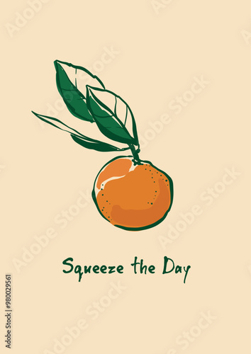 Vector orange poster with Mediterranean fruits. Hand-drawn fresh linear card isolated on beige background. Tasty food illustration for design, print, fabric or background.