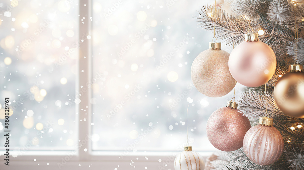 Christmas decorations view on the winter window background Christmas decorations view on the winter window background