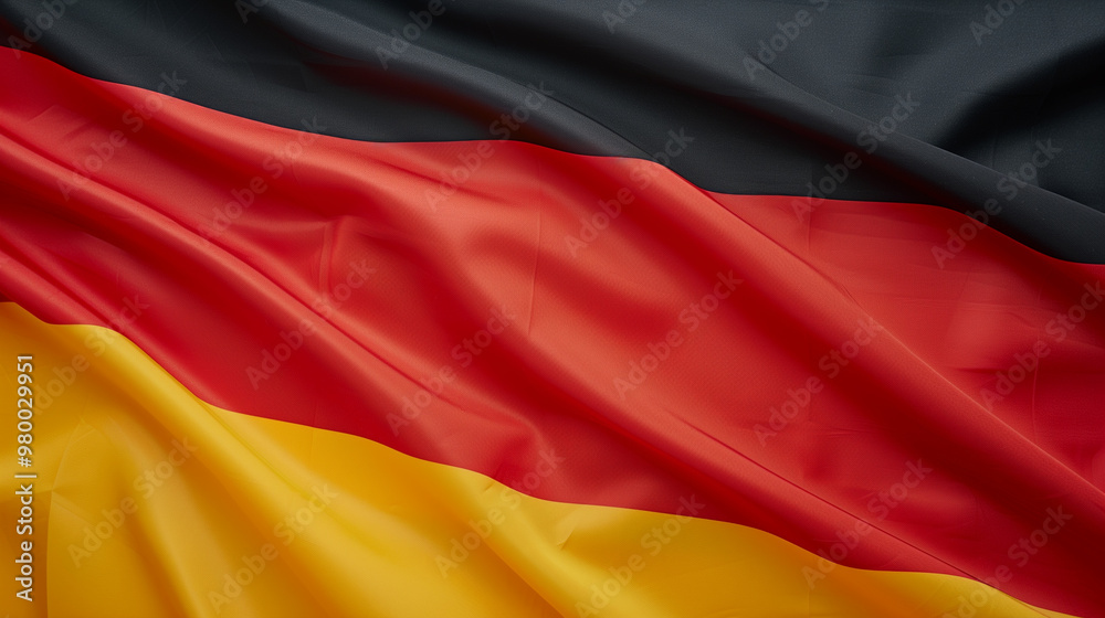 Naklejka premium Close up shot of wavy German flag, germany flag fabric texture, german unity day background