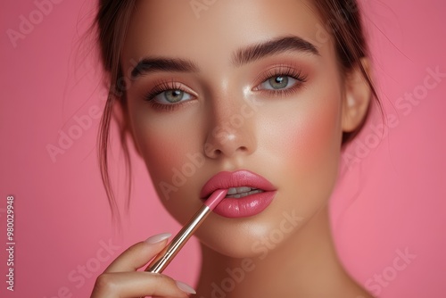 A young woman applies lipstick showcasing a glamorous portrait with makeup shiny highlighter and stylish features