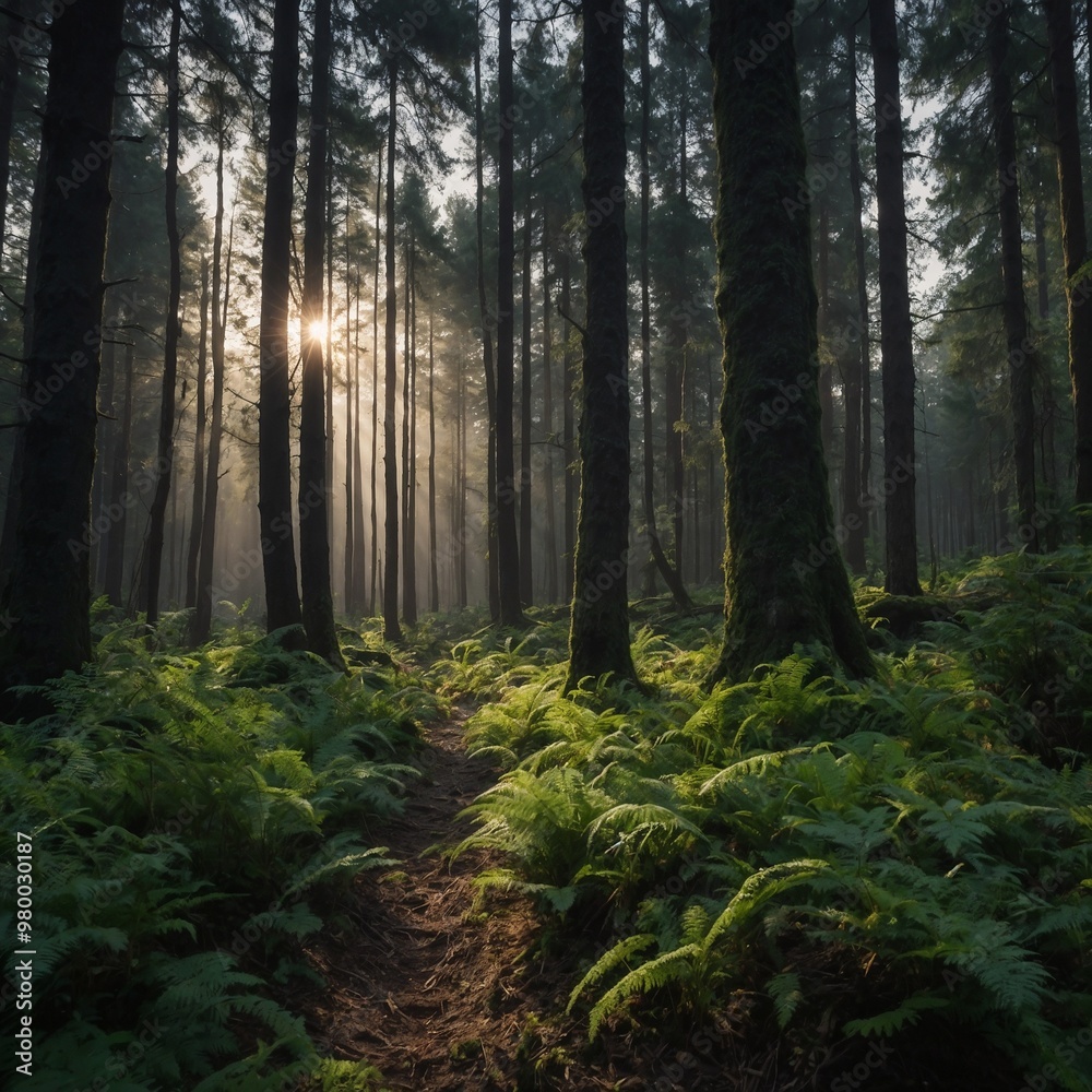 Fototapeta premium Mystical forest landscape with sun rays shining through trees and lush greenery