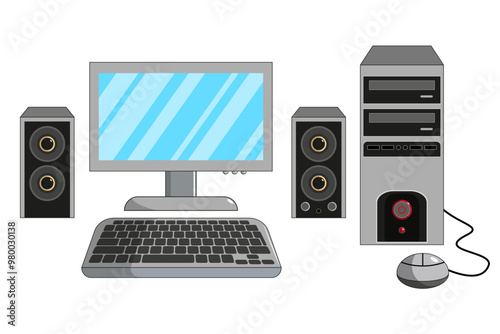 Vector e ilustración de computadora de escritorio con teclado, mouse, monitor y parlantes. Icono de tecnología para sitio web, tienda virtual, app y otros similares.