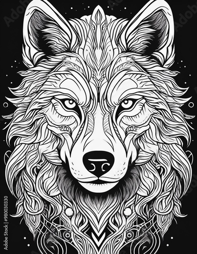 illustrated wolf portrait drawing with black lines