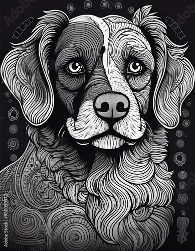 dog portrait drawing illustrated with black lines