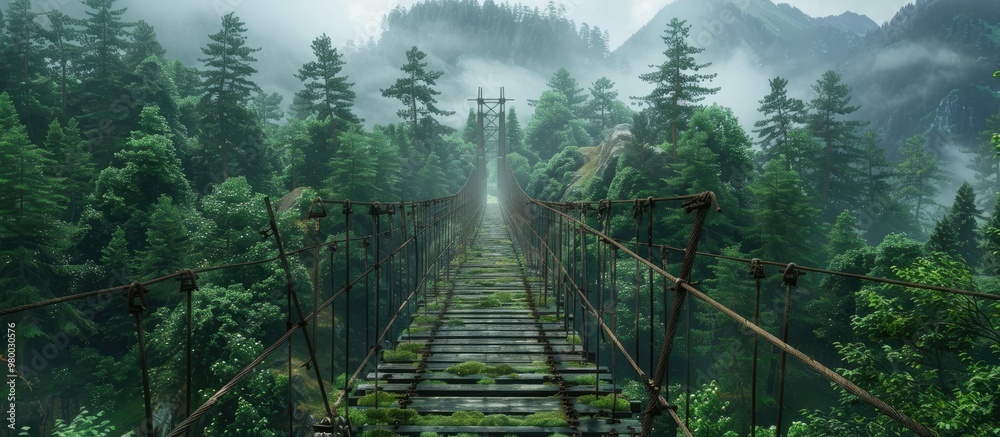 Obraz premium Mystical suspension bridge winding through a dense misty forest landscape
