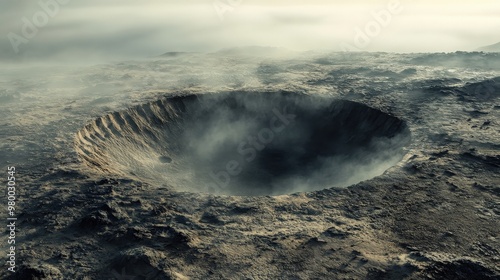 Aerial view of a dormant volcano with misty clouds and rugged landscape photo