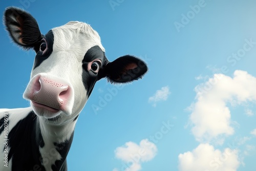 Adorable humorous black and white cow with a pink nose positioned against a blue sky at the forefront
