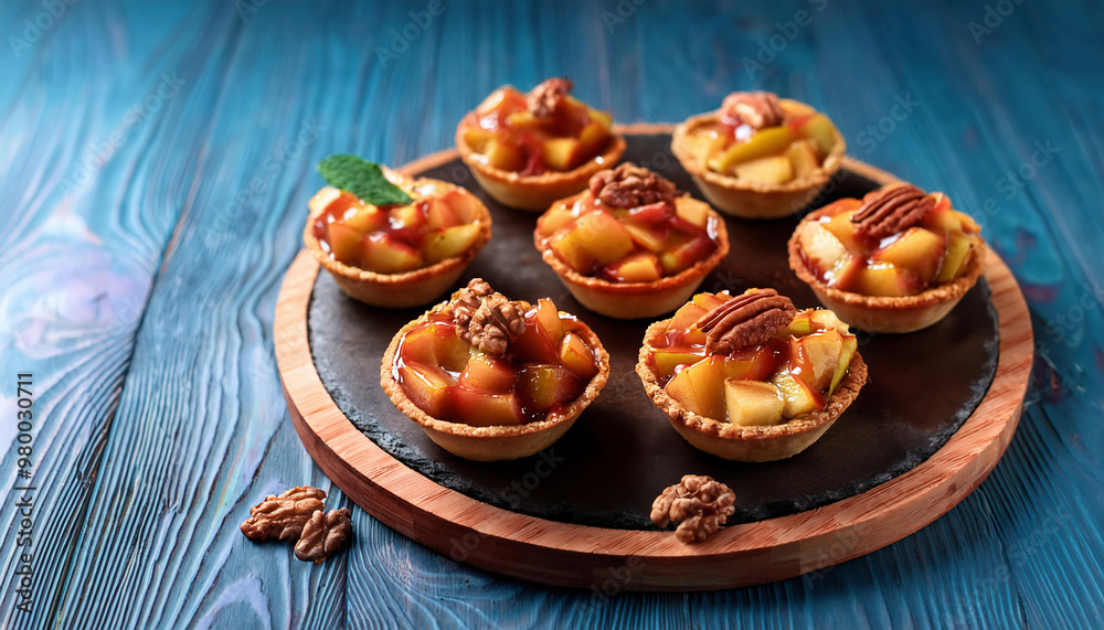 Tartlets with apples, peaches and walnuts on wooden background Tartlets with apples, peaches and walnuts on wooden background