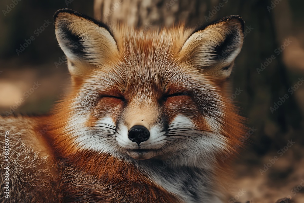 Cute red fox smiling with eyes closed. Wildlife animal portrait. Cute red fox smiling with eyes closed. Wildlife animal portrait.