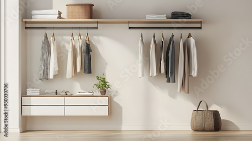 Minimalist wardrobe with a few hanging items.