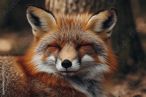 Cute red fox smiling with eyes closed. Wildlife animal portrait.