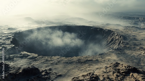 Aerial view of a dormant volcano with misty clouds and rugged landscape