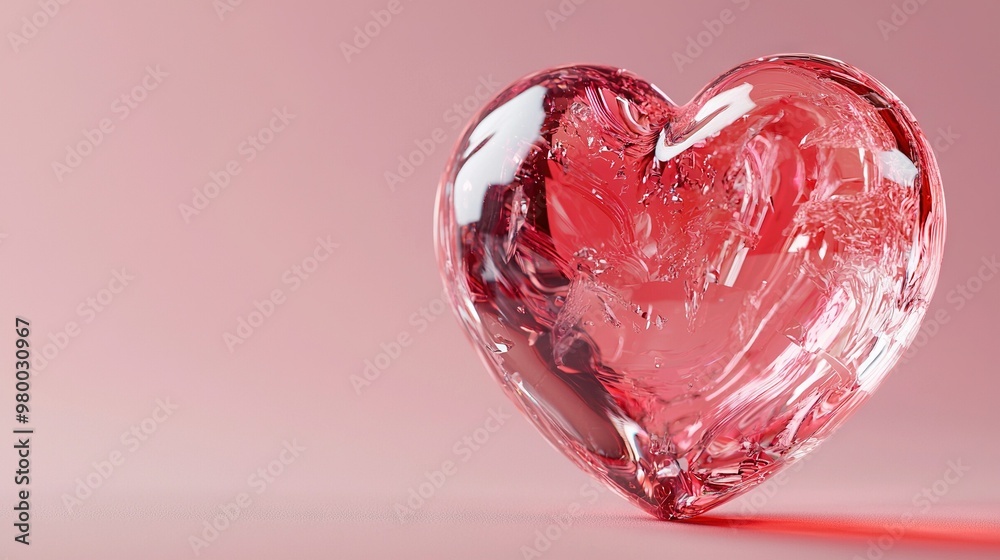   A close-up photo of a heart-shaped object against a pink backdrop, illuminated by a red light emanating from its core