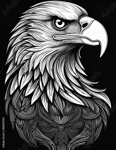 Portrait of an eagle's head in the forest, illustrated with black lines.